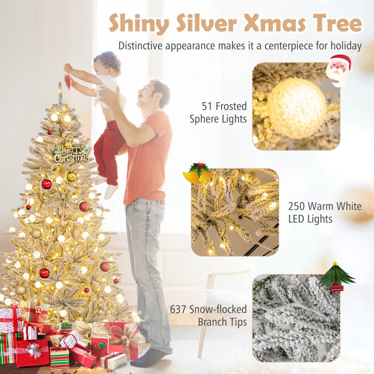 LIVSK Zilveren Kunstkerstboom - 637 Sneeuw - Beflockte Takpunten - 250 Warmwitte LED - lampen - 51 Bevroren Bollampen - 3