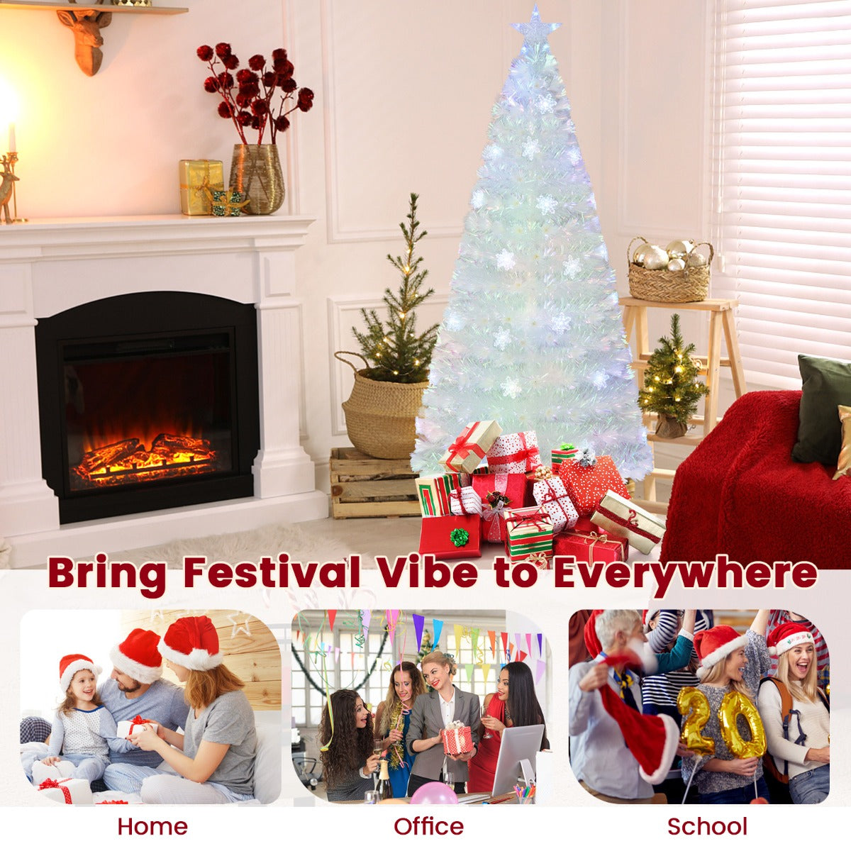 LIVSK Witte Glasvezel Kerstboom - 220 Takpunten - Veelkleurige LED Verlichting - Sterrenlicht - 180 cm - Wit