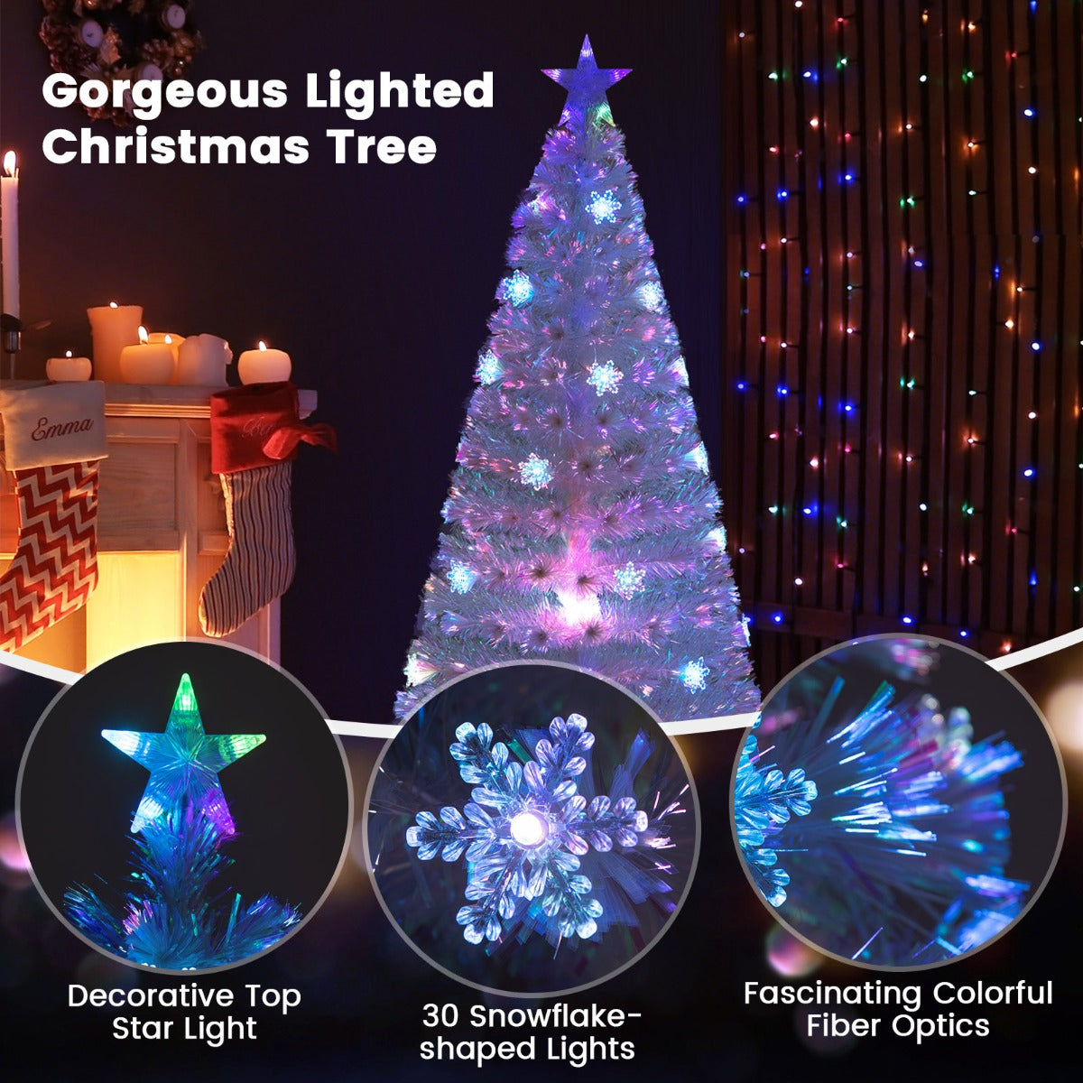 LIVSK Witte Glasvezel Kerstboom - 220 Takpunten - Veelkleurige LED Verlichting - Sterrenlicht - 180 cm - Wit