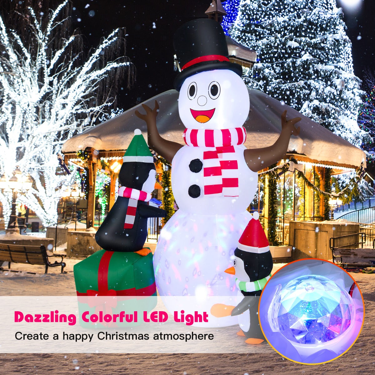 LIVSK Opblaasbare Kerstdecoratie - Sneeuwpop met Pinguïns - 3 LED-lampjes - Waterdicht - 120 x 90 x 180 cm - Wit