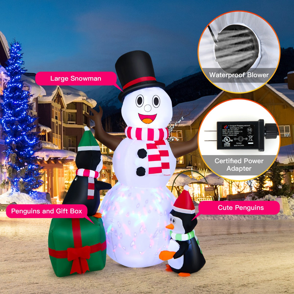 LIVSK Opblaasbare Kerstdecoratie - Sneeuwpop met Pinguïns - 3 LED-lampjes - Waterdicht - 120 x 90 x 180 cm - Wit