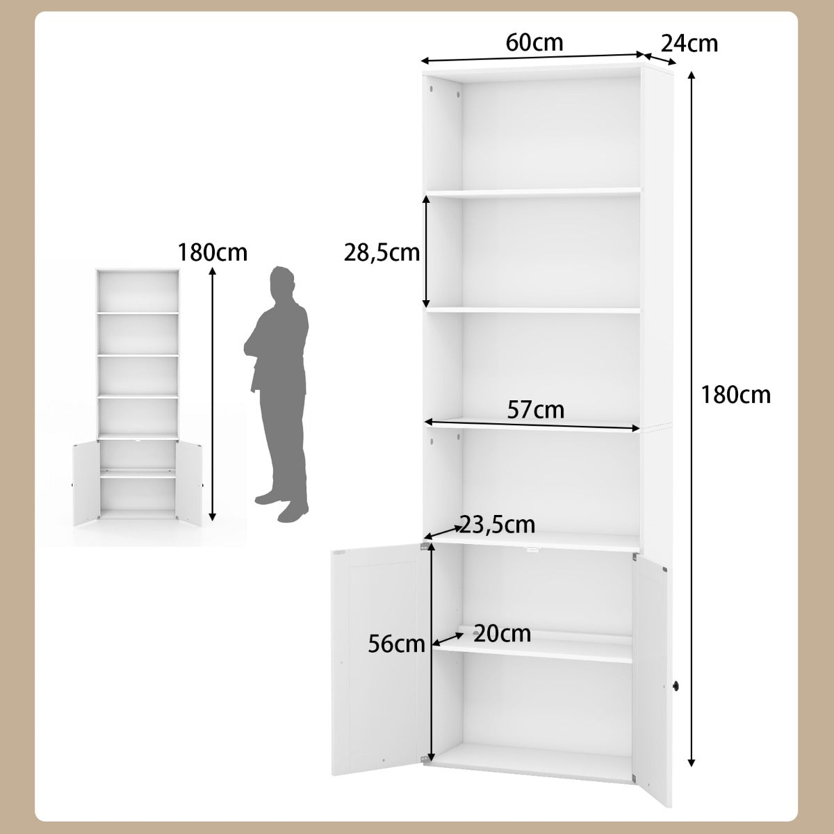 LIVSK Multifunctionele Boekenkast - 4 Open Planken - 2-Deurs Kast - Verstelbare Plank - Tot 15 kg per Niveau - Wit