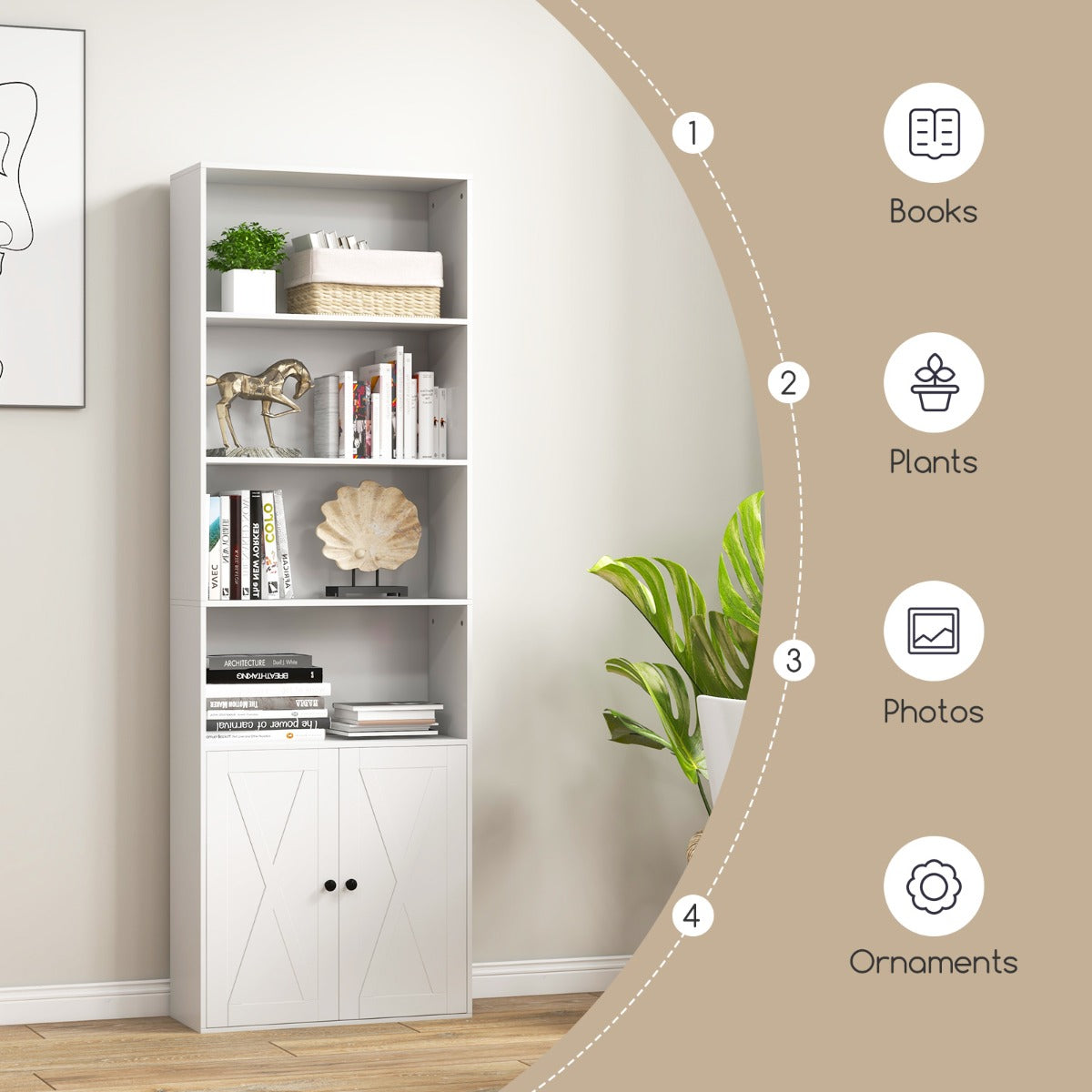 LIVSK Multifunctionele Boekenkast - 4 Open Planken - 2-Deurs Kast - Verstelbare Plank - Tot 15 kg per Niveau - Wit