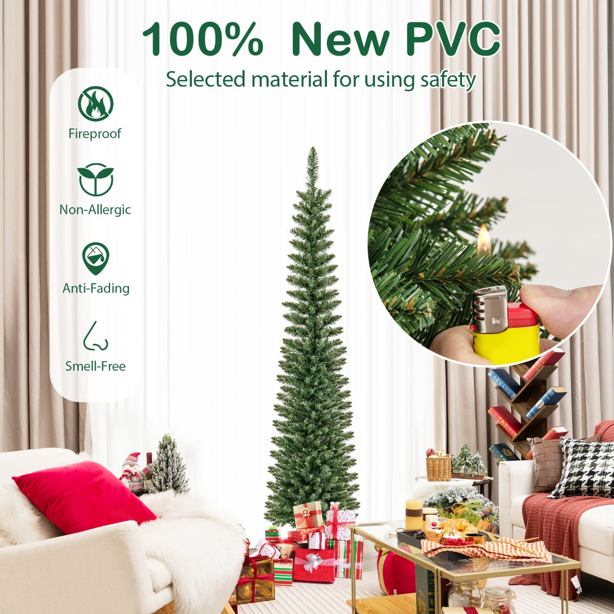 LIVSK Potloodvormige Kunstkerstboom - Weelderige Takken - Warmwitte LED-lampjes - Eenvoudige Installatie - 180 cm - Groen