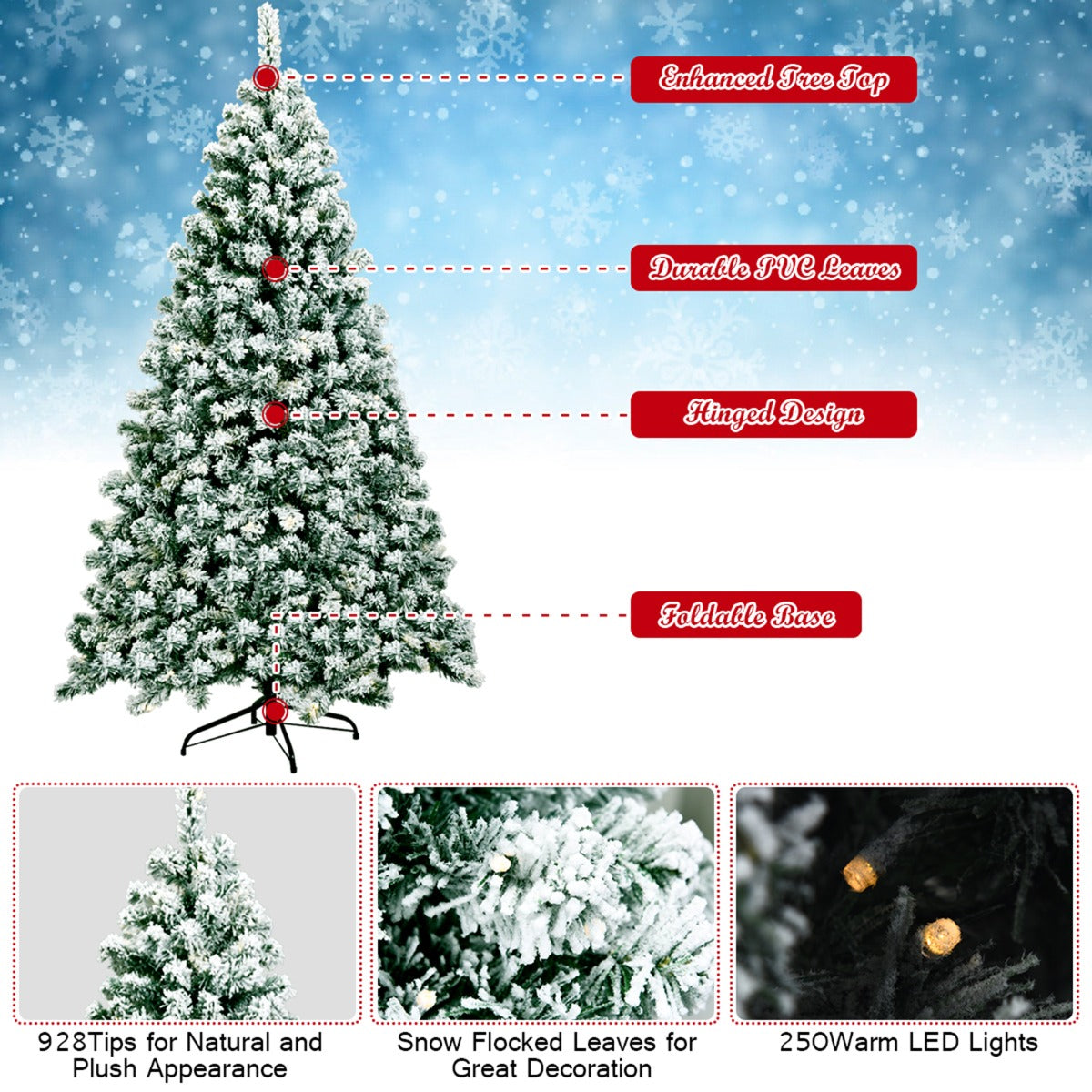 LIVSK Besneeuwde Kunstkerstboom 180 cm - 928 Takken - 250 Warme LED-lampjes - Stevige Standaard - Groen + Wit
