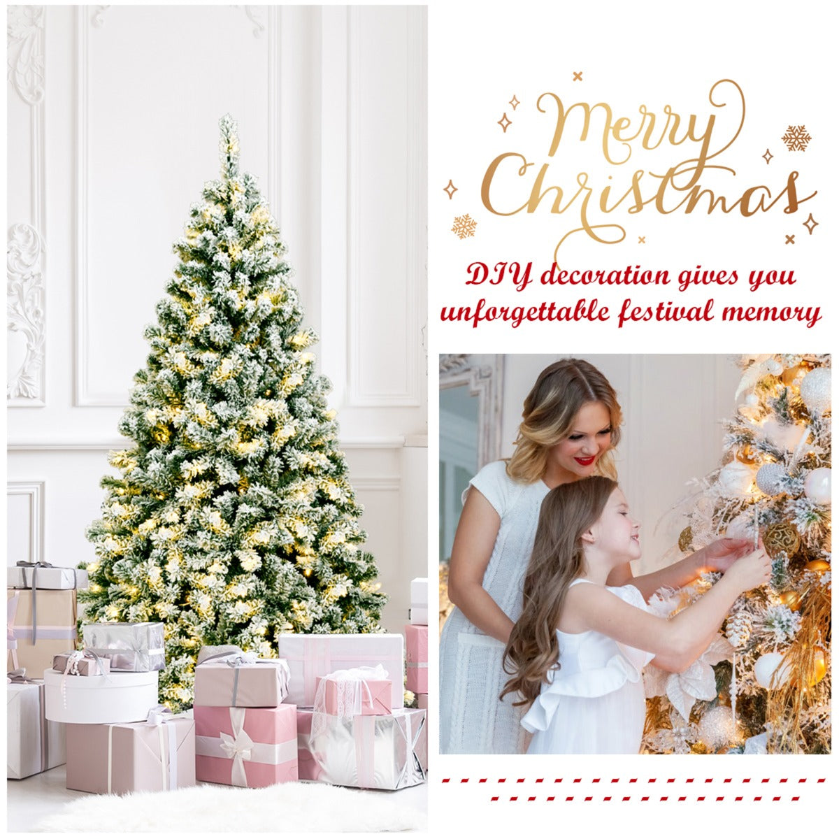LIVSK Besneeuwde Kunstkerstboom 180 cm - 928 Takken - 250 Warme LED-lampjes - Stevige Standaard - Groen + Wit