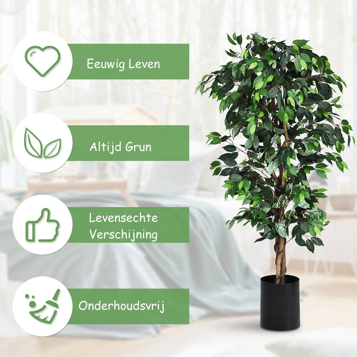 LIVSK Kunstmatige Ficusboom - 180 cm Hoog - 1008 Bladeren - Natuurlijke Boomstam - Onderhoudsvriendelijk - Groen