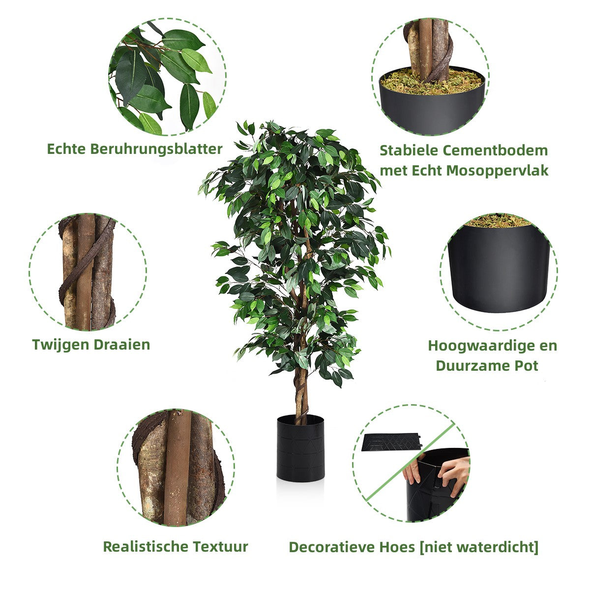 LIVSK Kunstmatige Ficusboom - 180 cm Hoog - 1008 Bladeren - Natuurlijke Boomstam - Onderhoudsvriendelijk - Groen