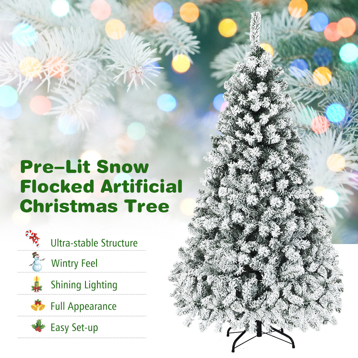 LIVSK Voorverlichte Kunstkerstboom 180 cm - 600 Takken - 250 LED-lampjes - Sneeuw gevlokt - Metalen Standaard - Groen