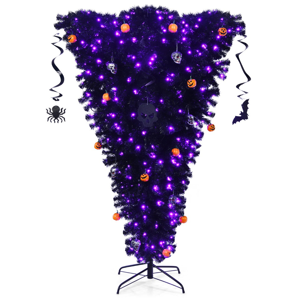 LIVSK Kunstmatige Zwarte Kerstboom - Omgekeerd Ontwerp - 270 Paarse LED's - 810 Takken - Scharnierende Takken - Metalen Voet -