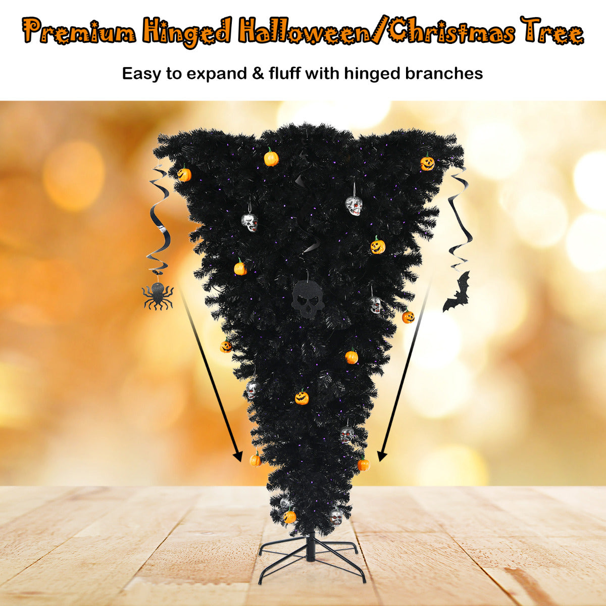 LIVSK Kunstmatige Zwarte Kerstboom - Omgekeerd Ontwerp - 270 Paarse LED's - 810 Takken - Scharnierende Takken - Metalen Voet -