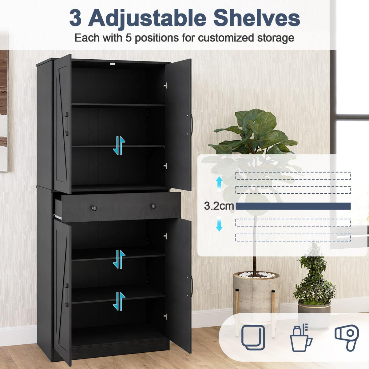 Livsk costway 183 cm hoge keukenkast in eigentijdse landelijke stijl met lades drie verstelbare planken en twee kantelbeveiligingen zwart 2