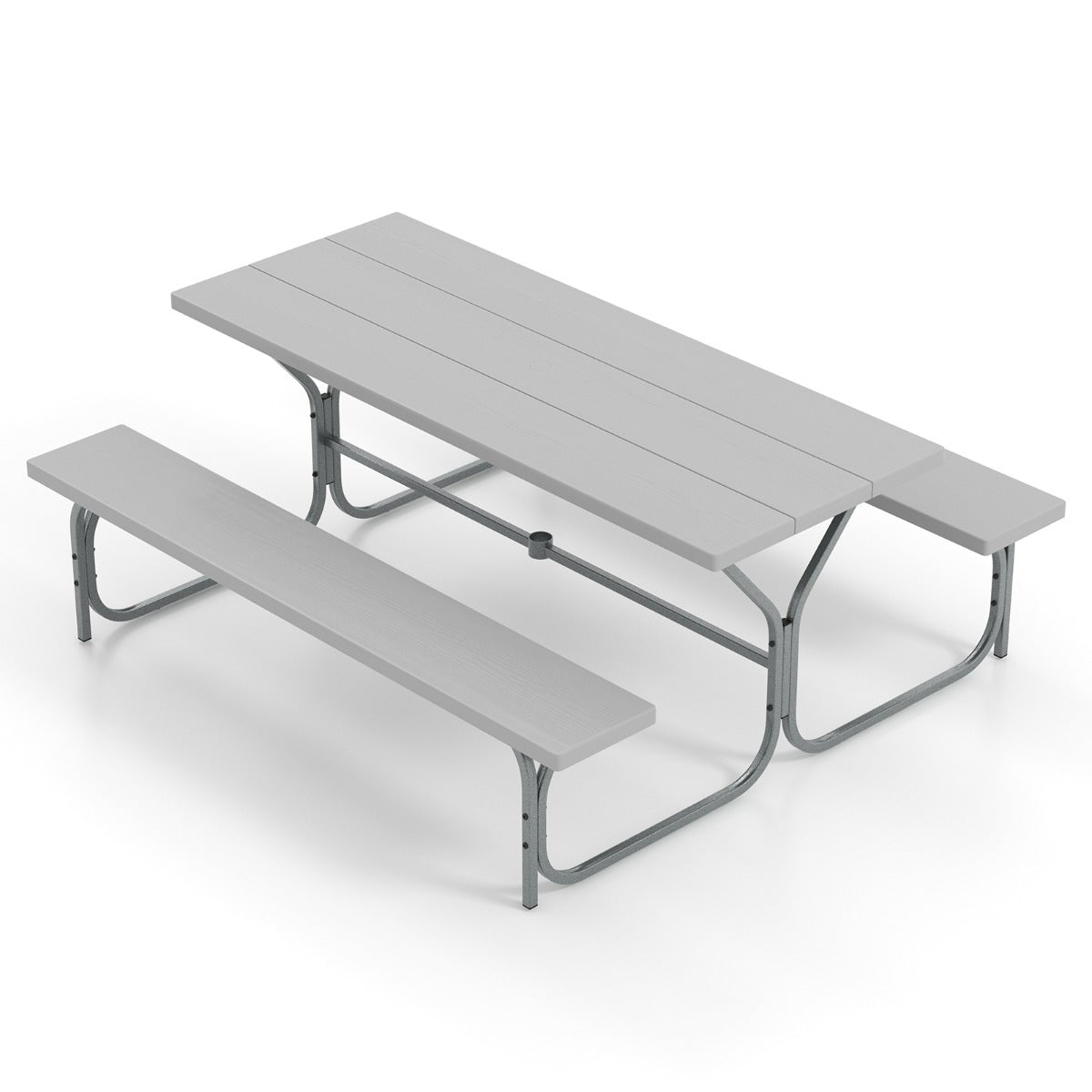 LIVSK Picknicktafel en Bank Set - HDPE Tafelblad met Parasolgat - Robuust Metalen Frame - Voor 8 Personen - Grijs