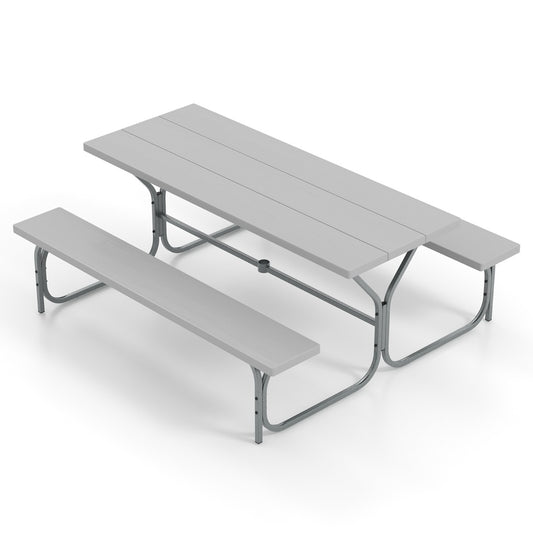 LIVSK Picknicktafel en Bank Set - HDPE Tafelblad met Parasolgat - Robuust Metalen Frame - Voor 8 Personen - Grijs