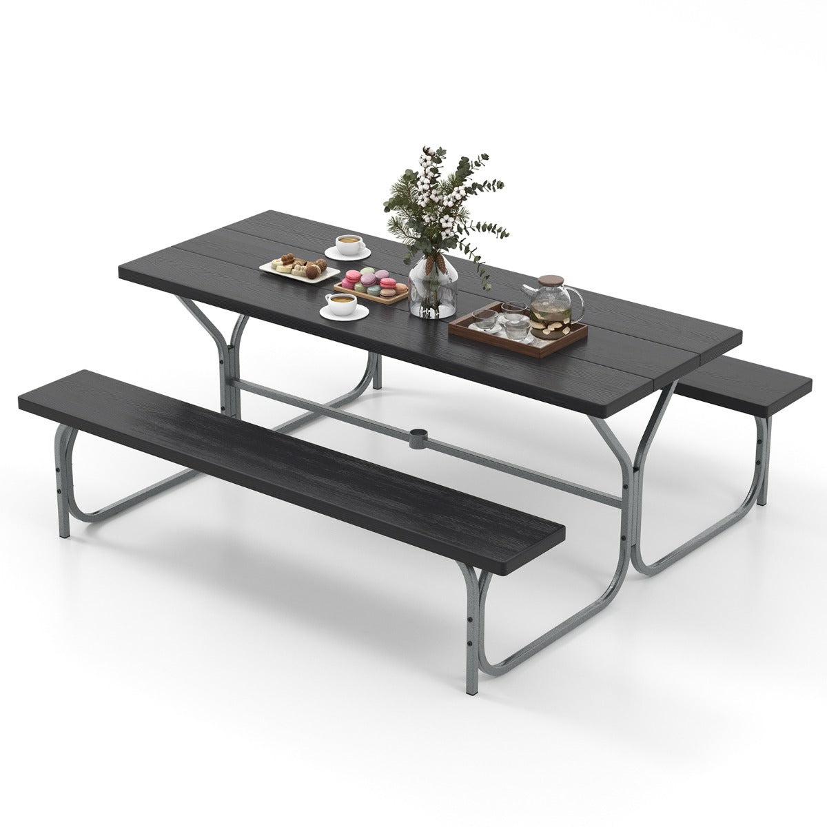 LIVSK Tuinpicknickset - Tafel en 2 Banken voor 8 Personen - Weerbestendig HDPE - Parasolgat - Zwart