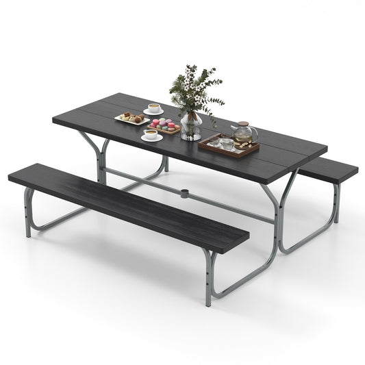 LIVSK Tuinpicknickset - Tafel en 2 Banken voor 8 Personen - Weerbestendig HDPE - Parasolgat - Zwart