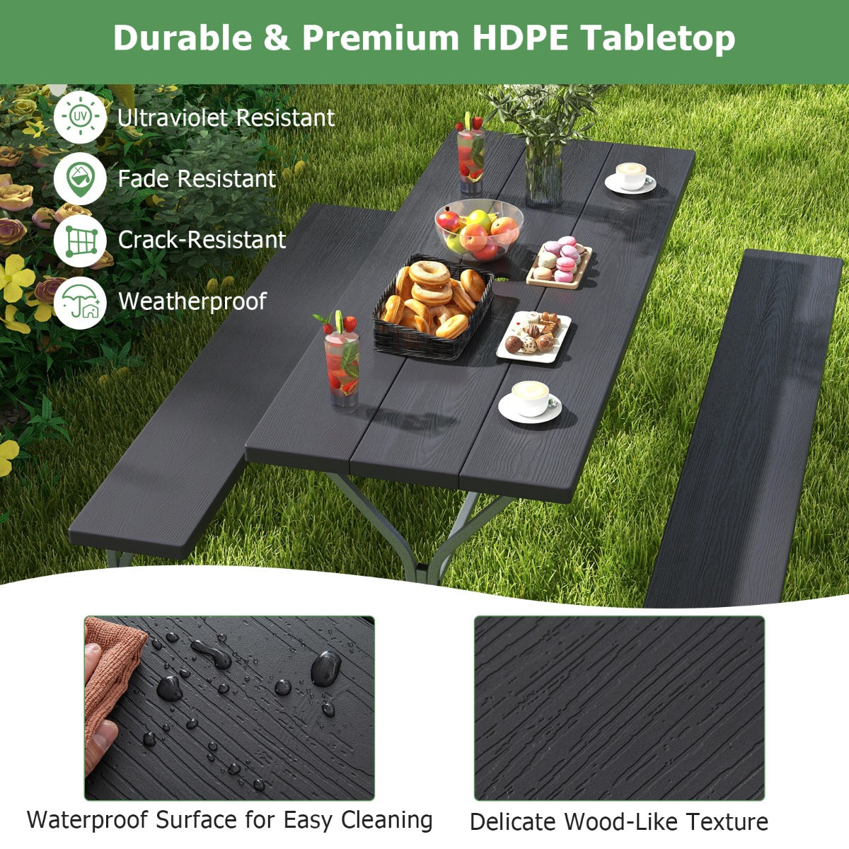LIVSK Tuinpicknickset - Tafel en 2 Banken voor 8 Personen - Weerbestendig HDPE - Parasolgat - Zwart