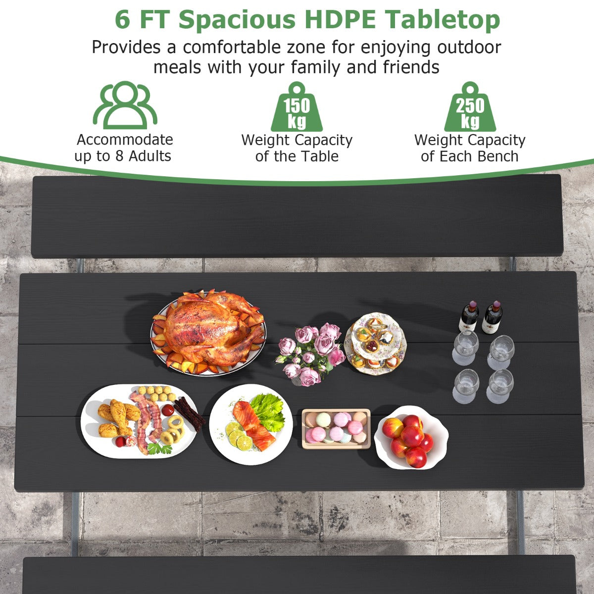 LIVSK Tuinpicknickset - Tafel en 2 Banken voor 8 Personen - Weerbestendig HDPE - Parasolgat - Zwart