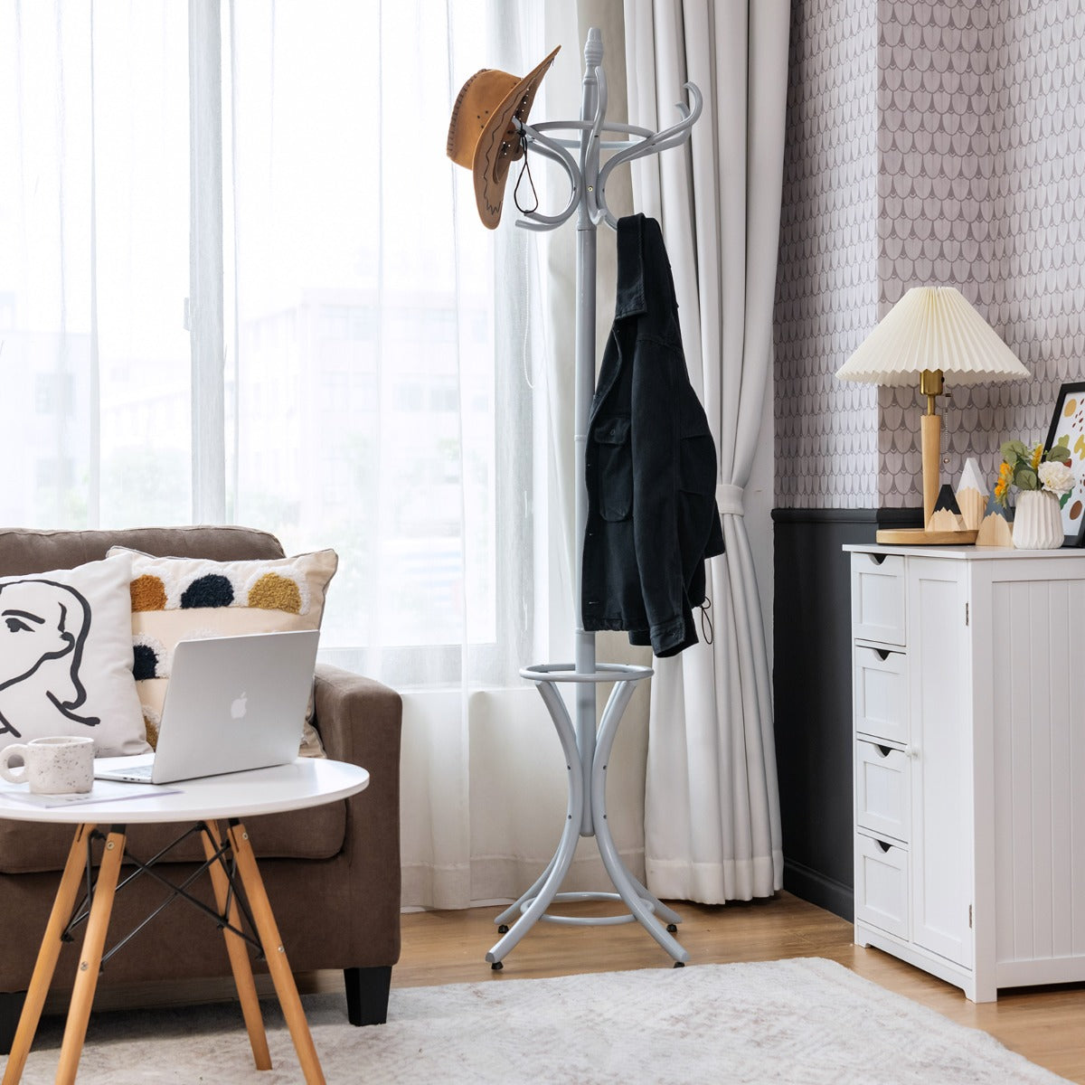 LIVSK Kapstok met Parapluhouder - Elegante Houten Staander met Gebogen Haken - Eenvoudig te Monteren - Grijs