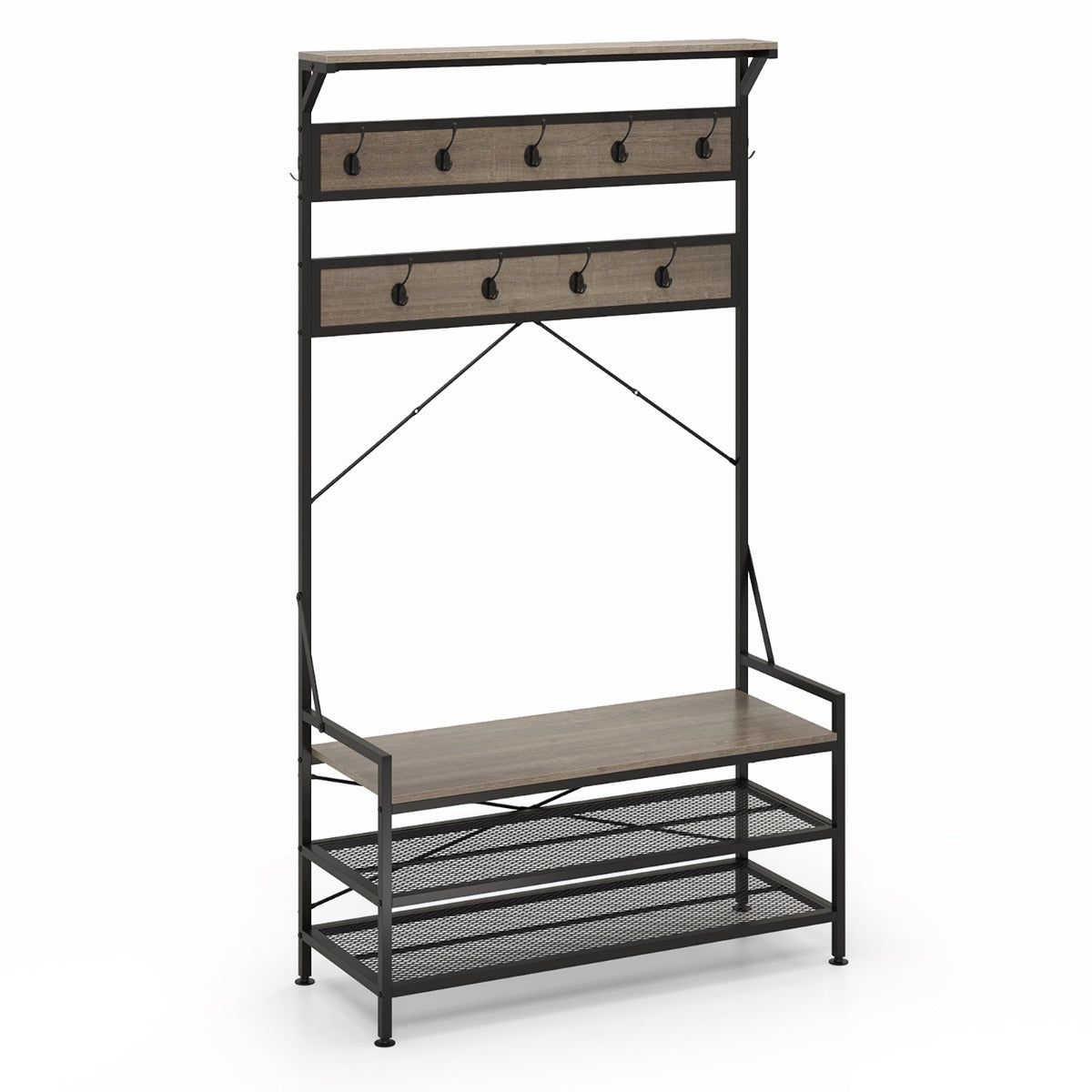LIVSK 4-in-1 Kapstok met Schoenenrek en Zitbank - 11 Haken - Robuust Metalen Frame - Tot 155 kg - 102 x 40 x 184 cm - Grijs