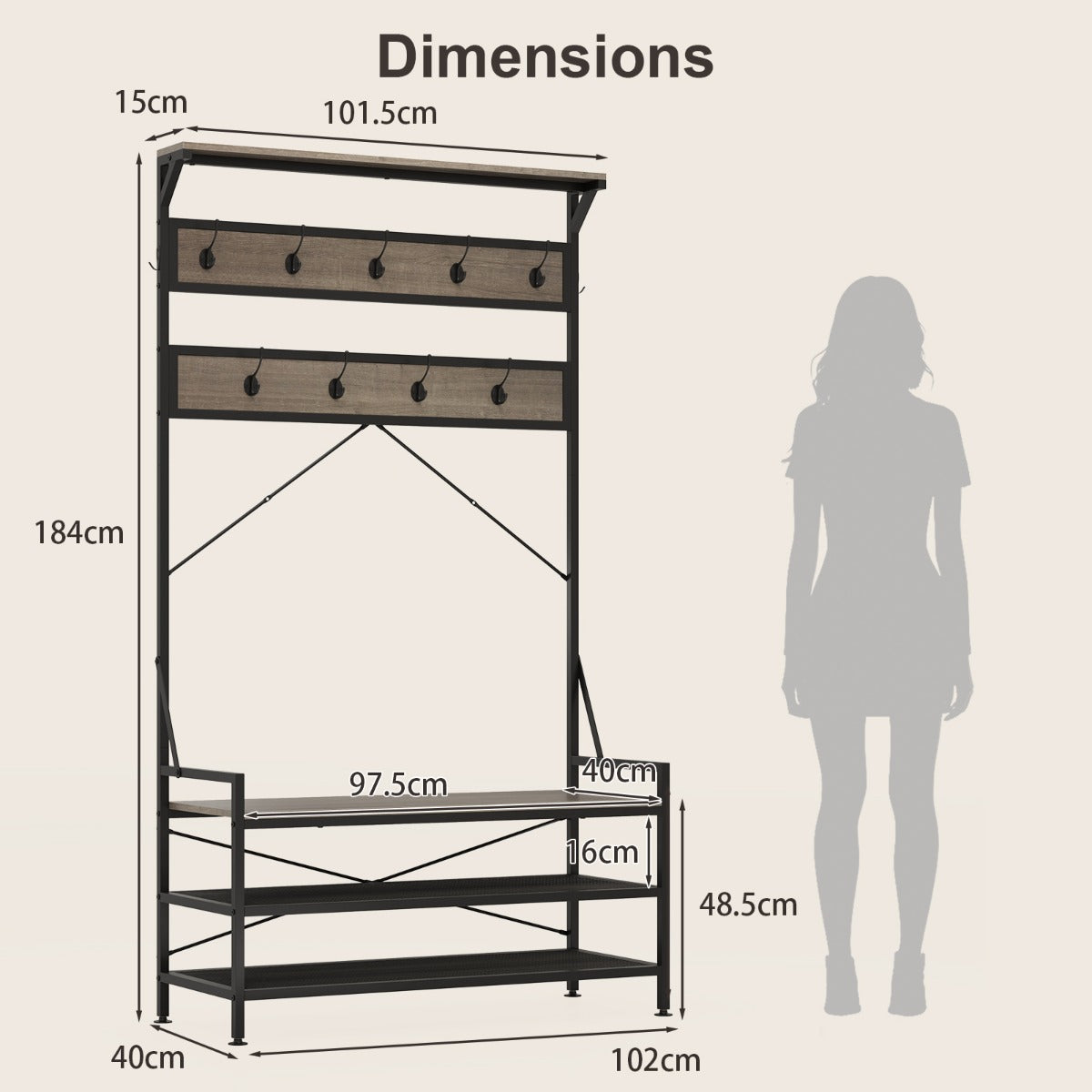 LIVSK 4-in-1 Kapstok met Schoenenrek en Zitbank - 11 Haken - Robuust Metalen Frame - Tot 155 kg - 102 x 40 x 184 cm - Grijs