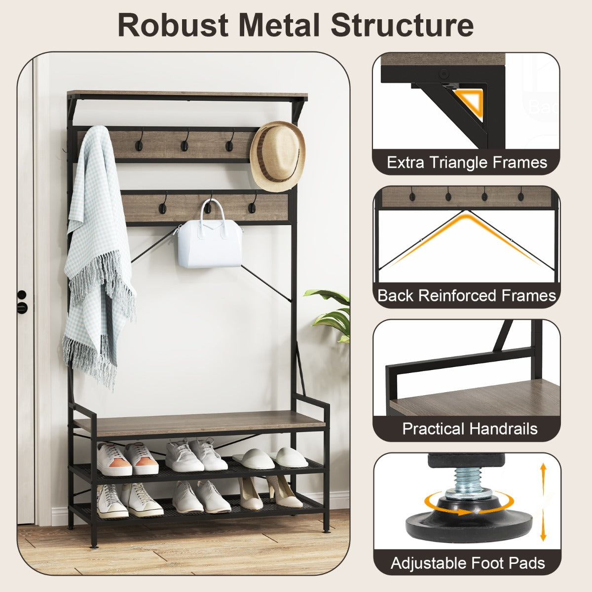 LIVSK 4-in-1 Kapstok met Schoenenrek en Zitbank - 11 Haken - Robuust Metalen Frame - Tot 155 kg - 102 x 40 x 184 cm - Grijs
