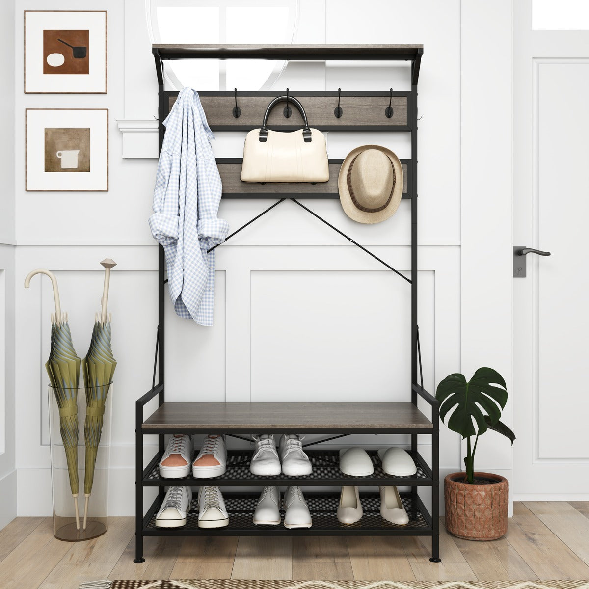LIVSK 4-in-1 Kapstok met Schoenenrek en Zitbank - 11 Haken - Robuust Metalen Frame - Tot 155 kg - 102 x 40 x 184 cm - Grijs