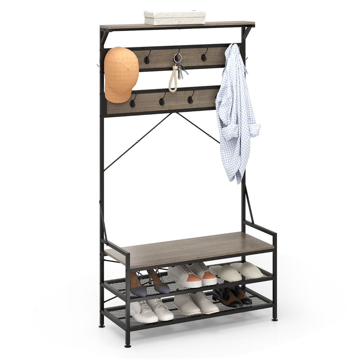 LIVSK 4-in-1 Kapstok met Schoenenrek en Zitbank - 11 Haken - Robuust Metalen Frame - Tot 155 kg - 102 x 40 x 184 cm - Grijs