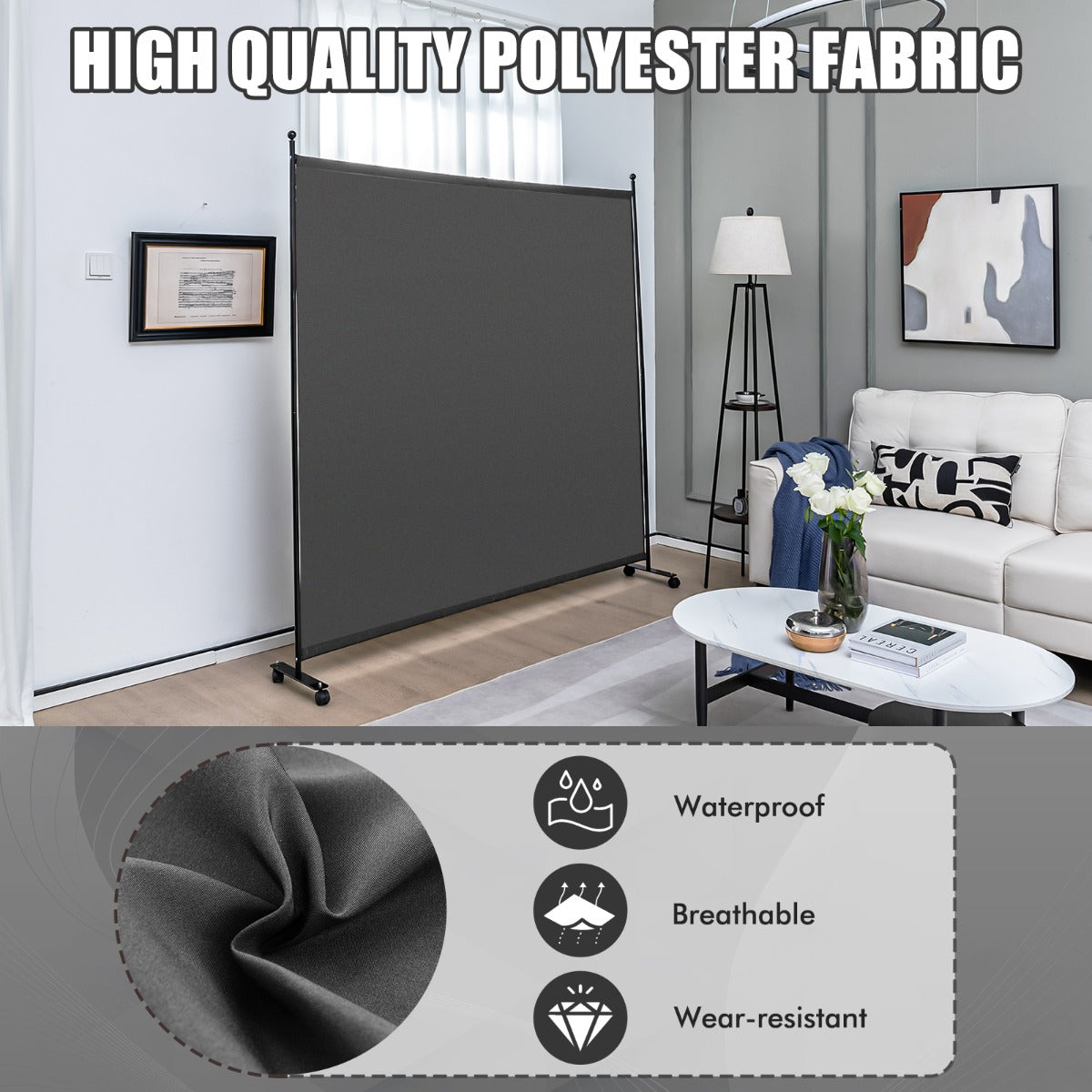 LIVSK Ruimteverdeler op Wieltjes - Opvouwbaar - Hoogwaardige Polyester - Metalen Frame - 184 x 30 x 184 cm - Grijs
