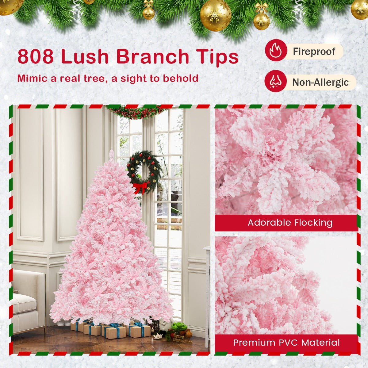 LIVSK Verlichte Kunstkerstboom - 808 PVC-takken - 350 LED-lampen - 8 Verlichtingsmodi - Hoogte 185 cm - Roze