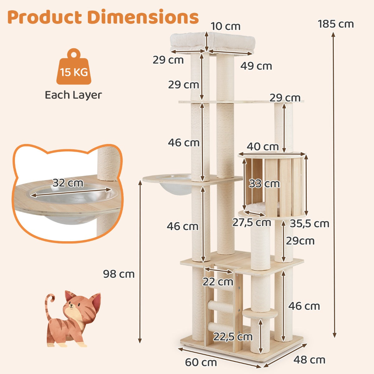 Livsk costway 185 cm hoge houten krabpaal klimboom met wasbare pluche kussens indoor kattenmeubels 2