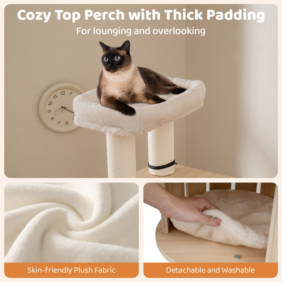 Livsk costway 185 cm hoge houten krabpaal klimboom met wasbare pluche kussens indoor kattenmeubels 6