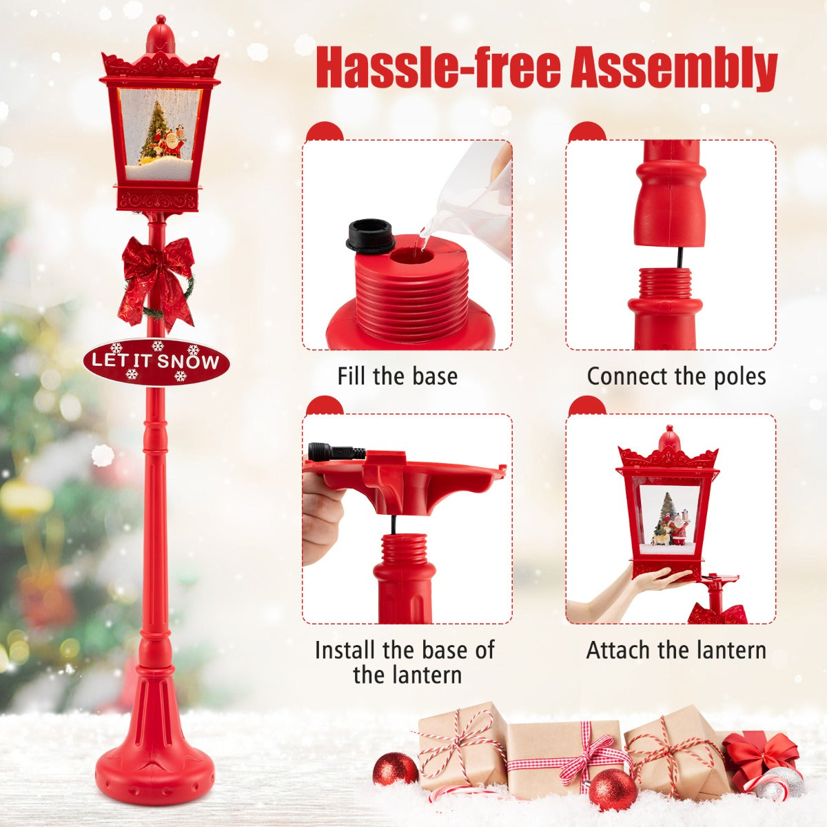 Livsk costway 185 cm hoge kerstlamp met warmwitte led verlichting en verlichte sneeuwballamp met navulbare voet 2