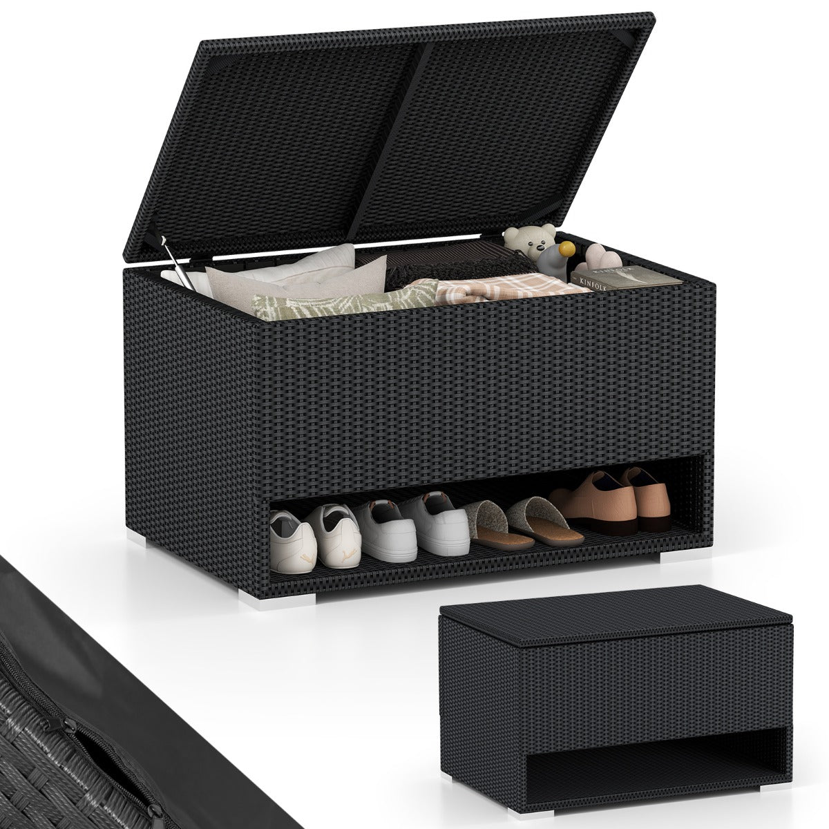 LIVSK Terrasbox met Schoenenrek - 186L Opbergruimte - Duurzaam PE-rattan - Eenvoudig te openen - Voor buiten - Zwart