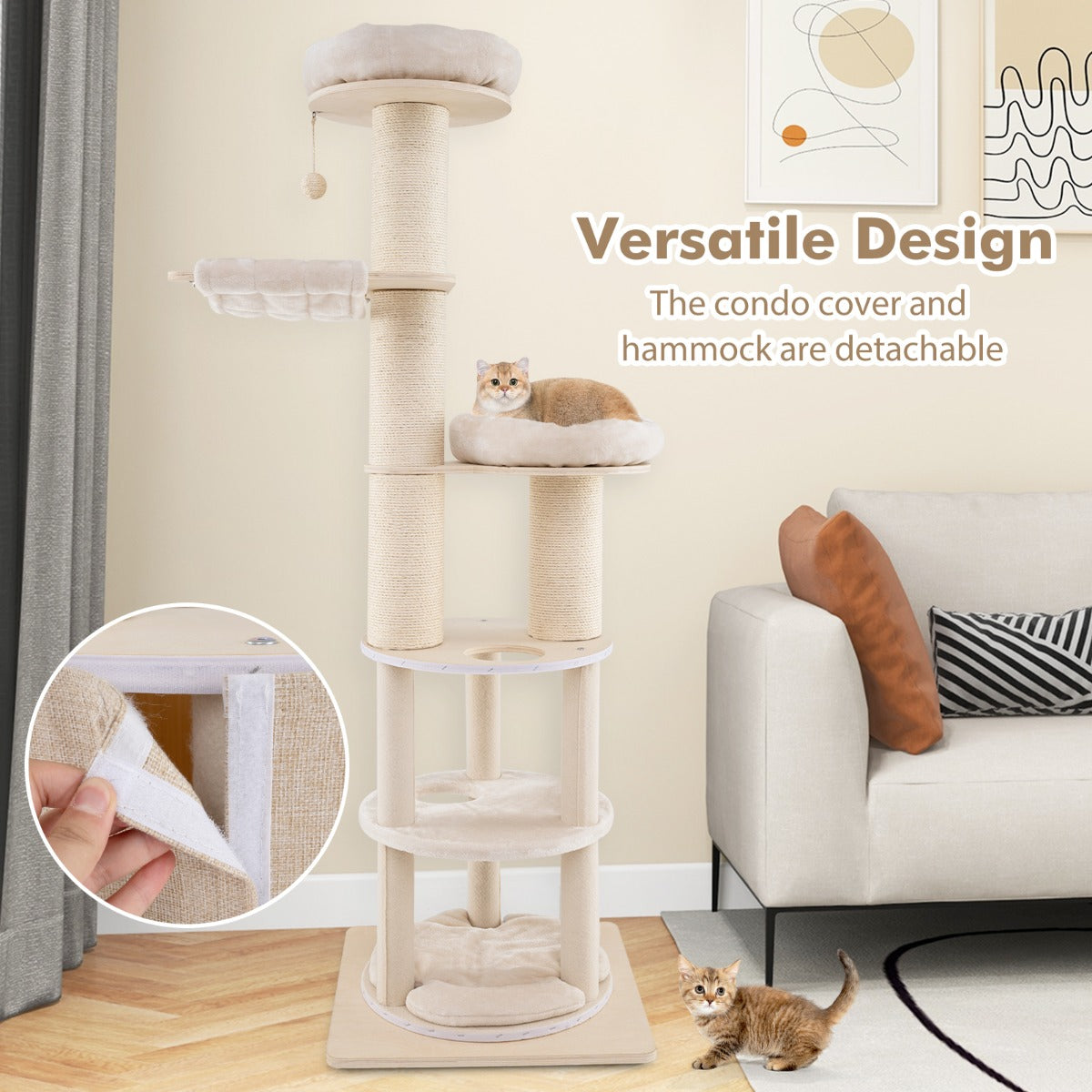 LIVSK Houten Krabpaal - 6 Niveaus met Condo en Hangmatten - Stevige Constructie - Krabpalen en Krabmat - 58 x 58 x 187 cm -
