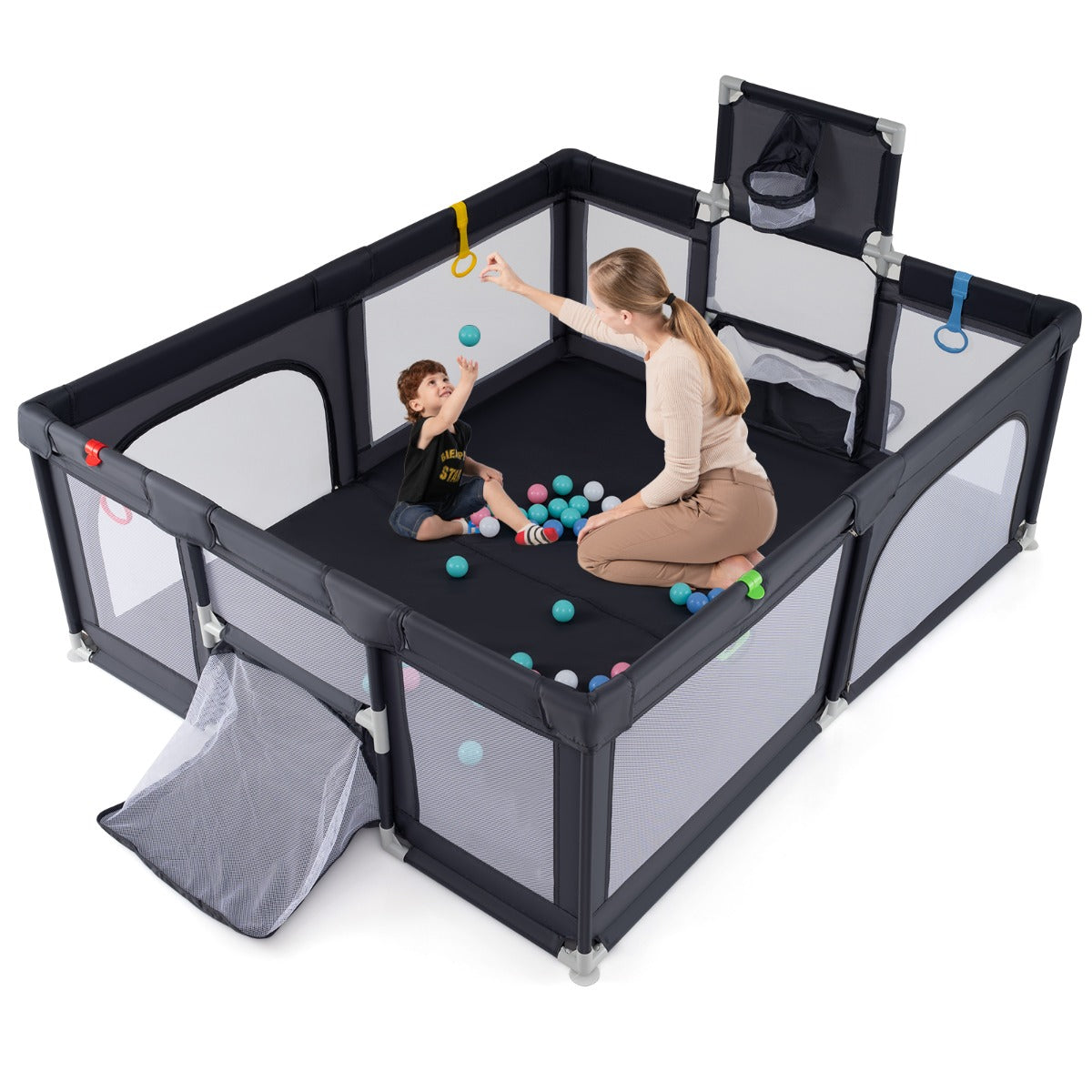 Livsk costway 188 x 157 cm babybox met basketbalring voetbaldoel peuterbox met ballen draagbaar kinderactiviteitencentrum met draagtas donkergrijs 1 1