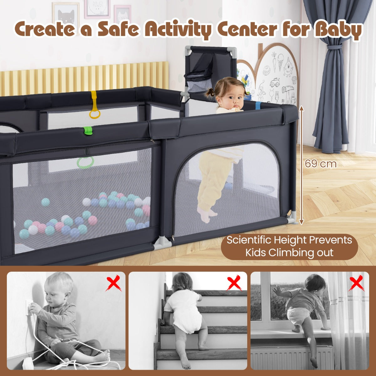 Livsk costway 188 x 157 cm babybox met basketbalring voetbaldoel peuterbox met ballen draagbaar kinderactiviteitencentrum met draagtas donkergrijs 3