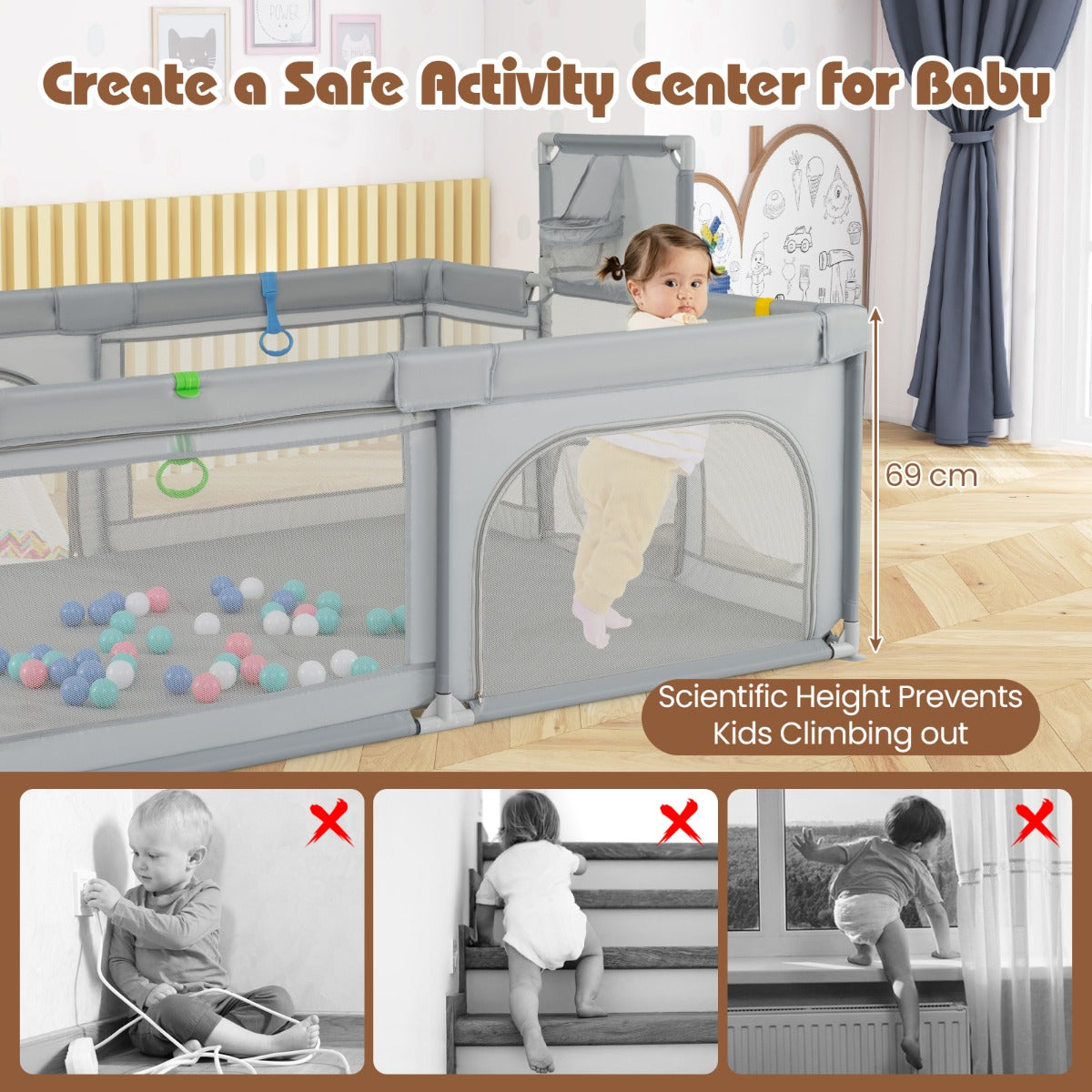 Livsk costway 188 x 157 cm babybox met basketbalring voetbaldoel peuterbox met ballen draagbaar kinderactiviteitencentrum met draagtas lichtgrijs 3