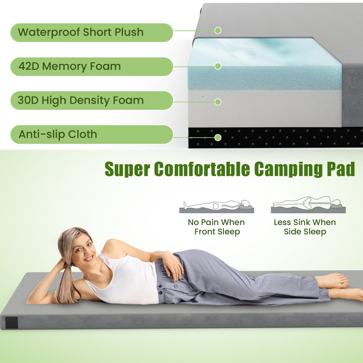 LIVSK Opvouwbaar Campingmatras - Antislip - Traagschuim en Hoge Dichtheid - Inclusief Draagtas - 188 x 78 x 6,5 cm - Grijs/Blauw