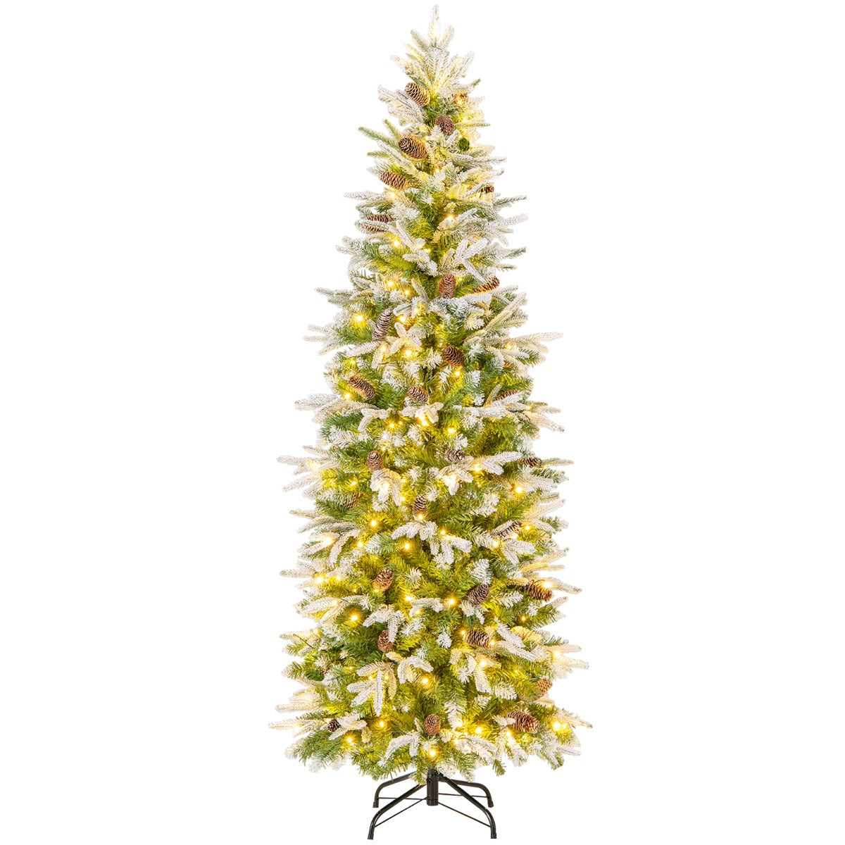 LIVSK Voorverlichte Kunstkerstboom - Scharnierend met 280 LED-lampjes - Realistische Dennenappels - 190 cm - Groen + Wit