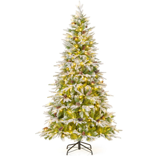 Livsk costway 190 cm kunstkerstboom scharnierende kerstboom gevlokt met sneeuw 765 spikes 62 dennenappels 280 warm witte led lampjes