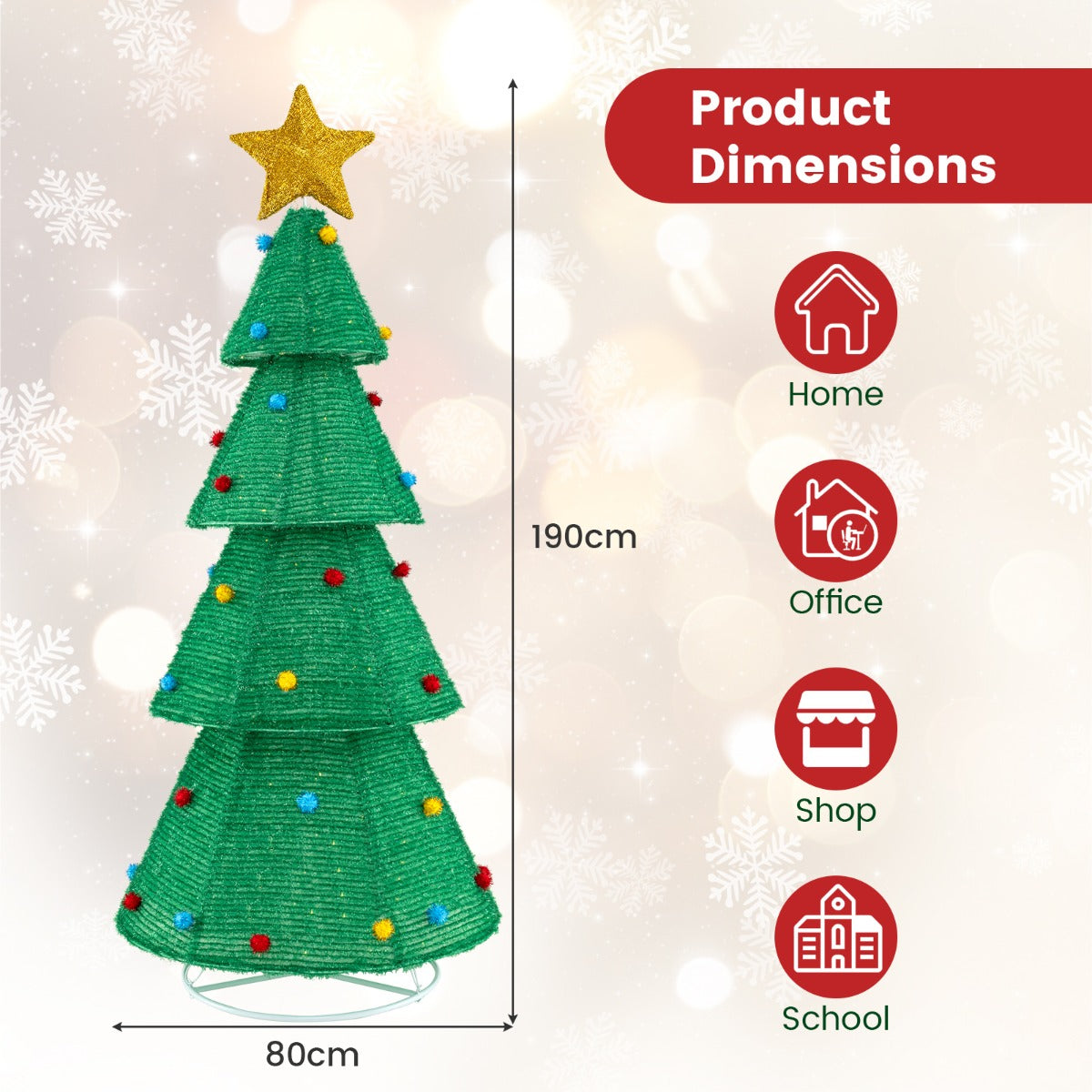 LIVSK Opvouwbare Kerstboom - 200 Warmwitte LED-lampjes - Topster en Bontballen - Weerbestendig - Stabiel - 80 x 80 x 190 cm -