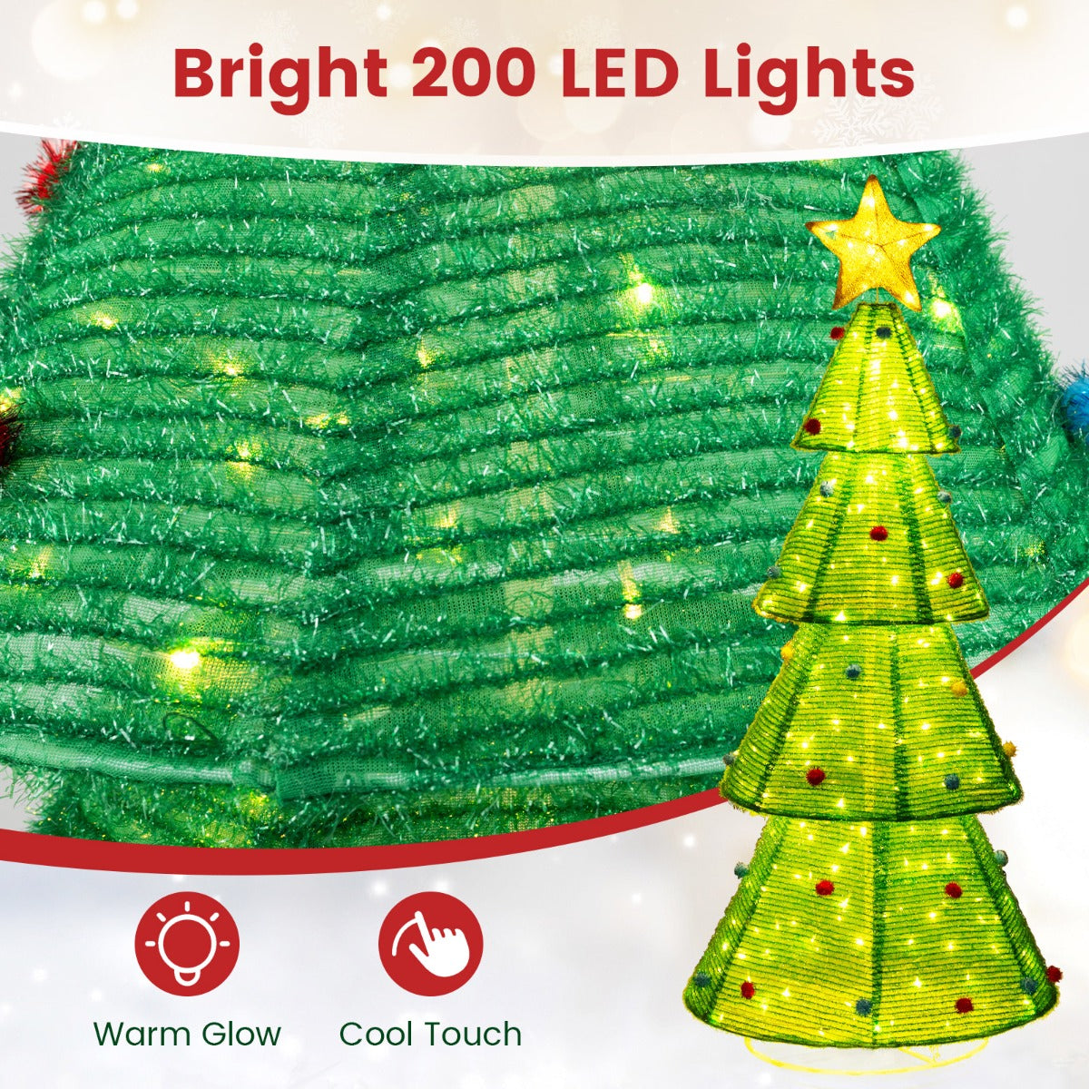 LIVSK Opvouwbare Kerstboom - 200 Warmwitte LED-lampjes - Topster en Bontballen - Weerbestendig - Stabiel - 80 x 80 x 190 cm -