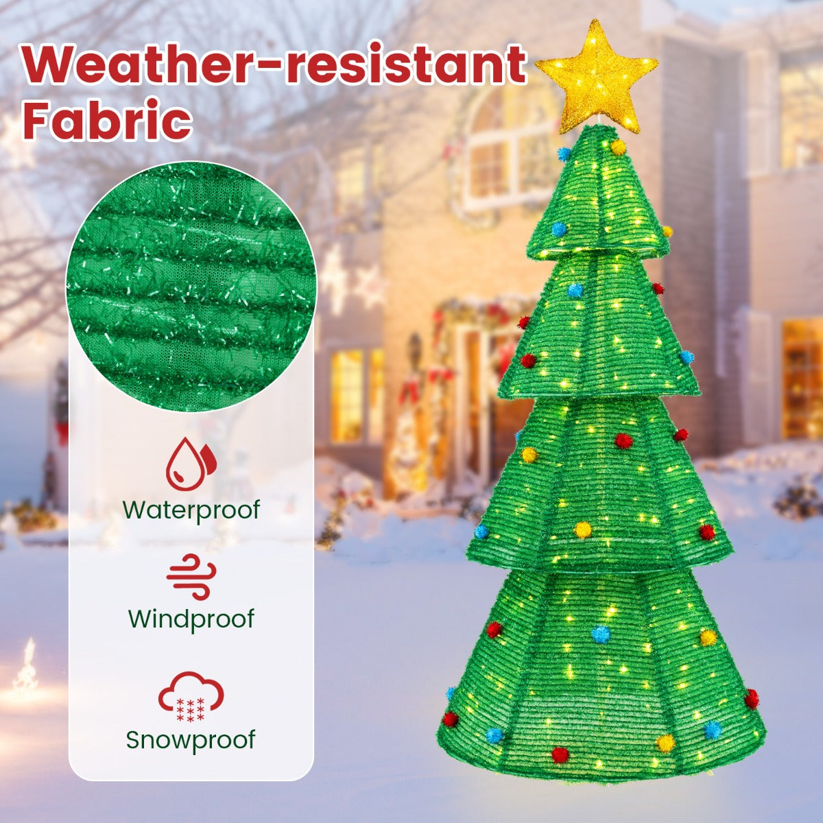 LIVSK Opvouwbare Kerstboom - 200 Warmwitte LED-lampjes - Topster en Bontballen - Weerbestendig - Stabiel - 80 x 80 x 190 cm -