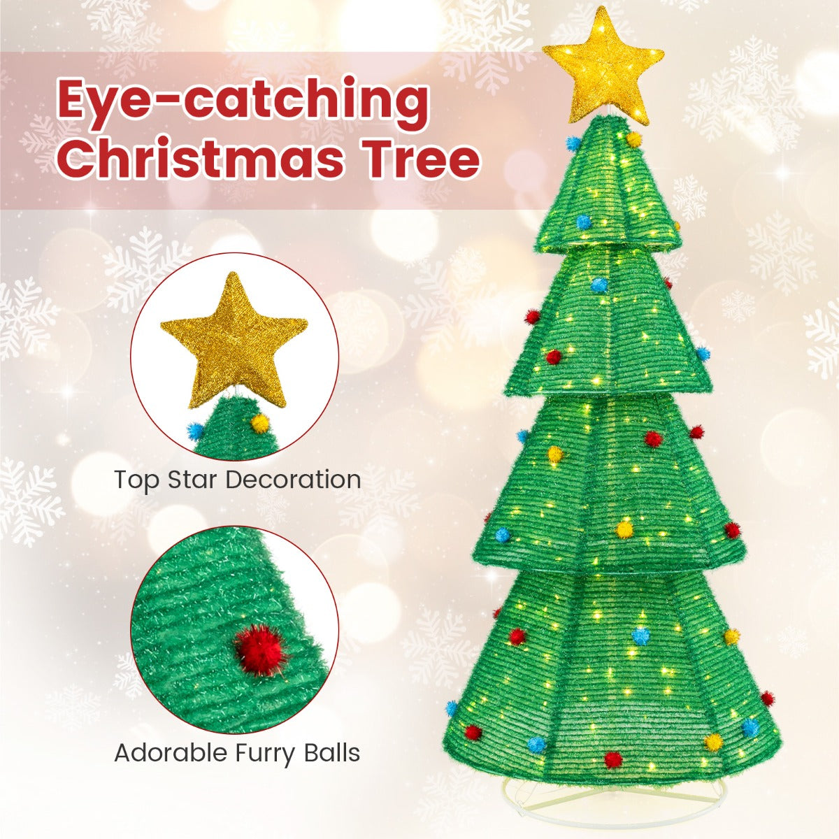 LIVSK Opvouwbare Kerstboom - 200 Warmwitte LED-lampjes - Topster en Bontballen - Weerbestendig - Stabiel - 80 x 80 x 190 cm -