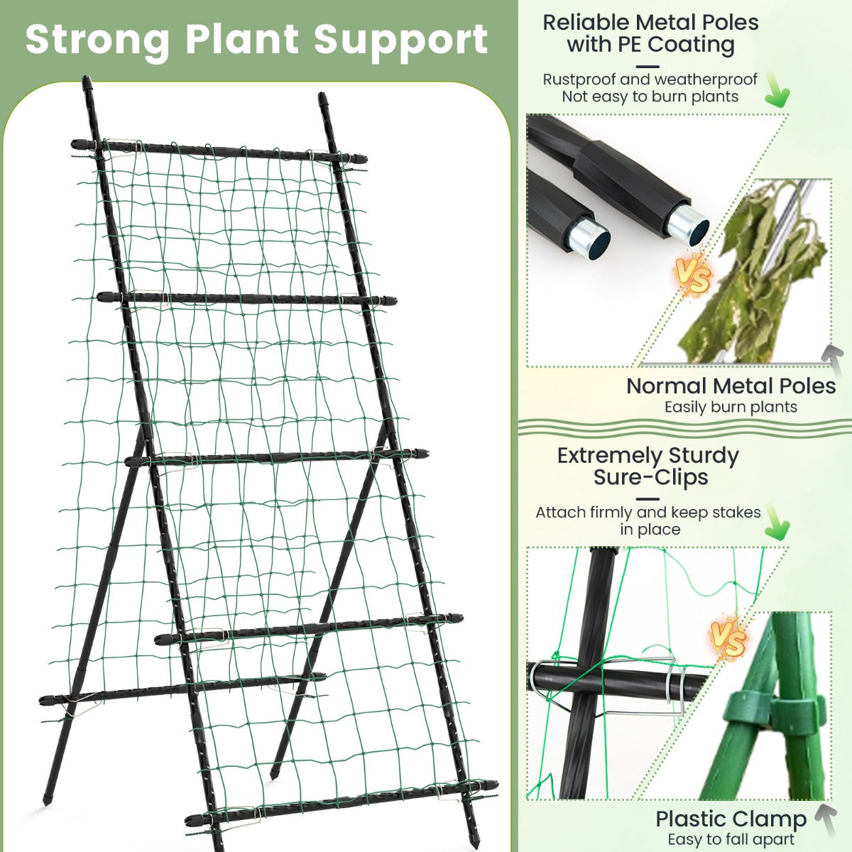 Livsk costway 190 cm tuinrek voor klimplanten komkommer klimhulp verticale plantensteun met net a vormige plantenklimrek voor bloemen fruit 4