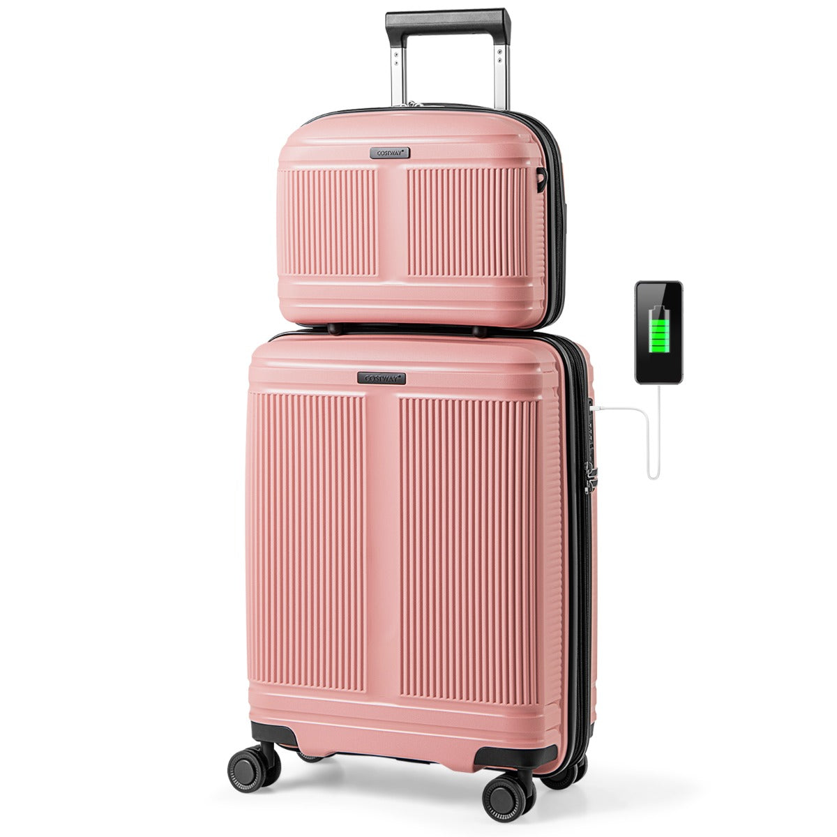LIVSK 2-delige Bagageset - Handbagagekoffer en Cosmetica Koffer - Ingebouwde USB-aansluiting - TSA-slot - Roze