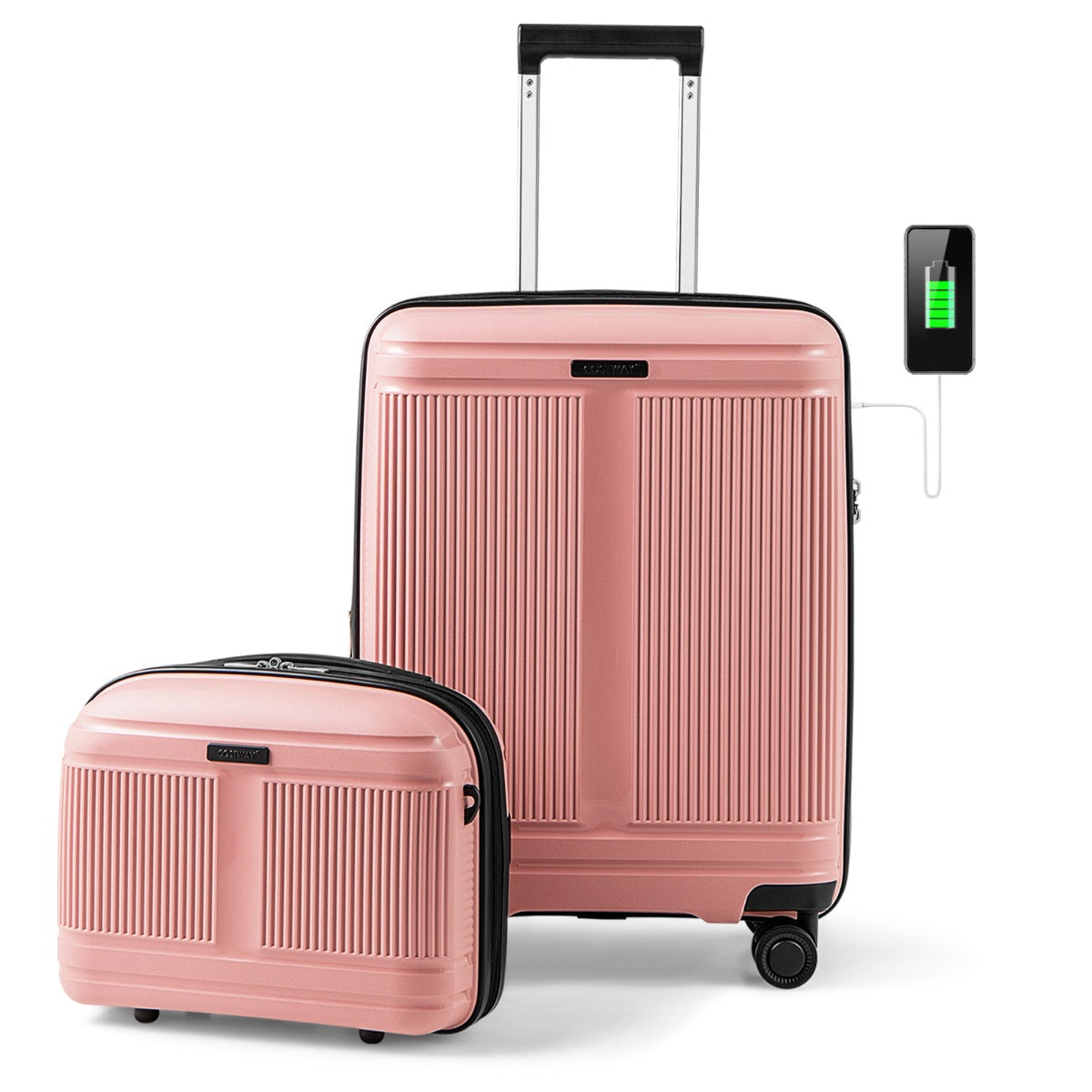 LIVSK 2-delige Bagageset - Handbagagekoffer en Cosmetica Koffer - Ingebouwde USB-aansluiting - TSA-slot - Roze