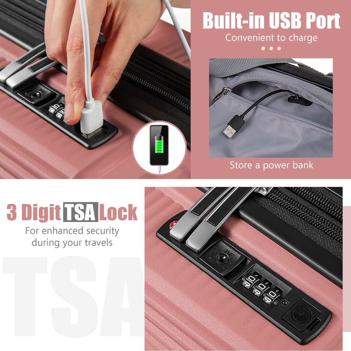 LIVSK 2-delige Bagageset - Handbagagekoffer en Cosmetica Koffer - Ingebouwde USB-aansluiting - TSA-slot - Roze