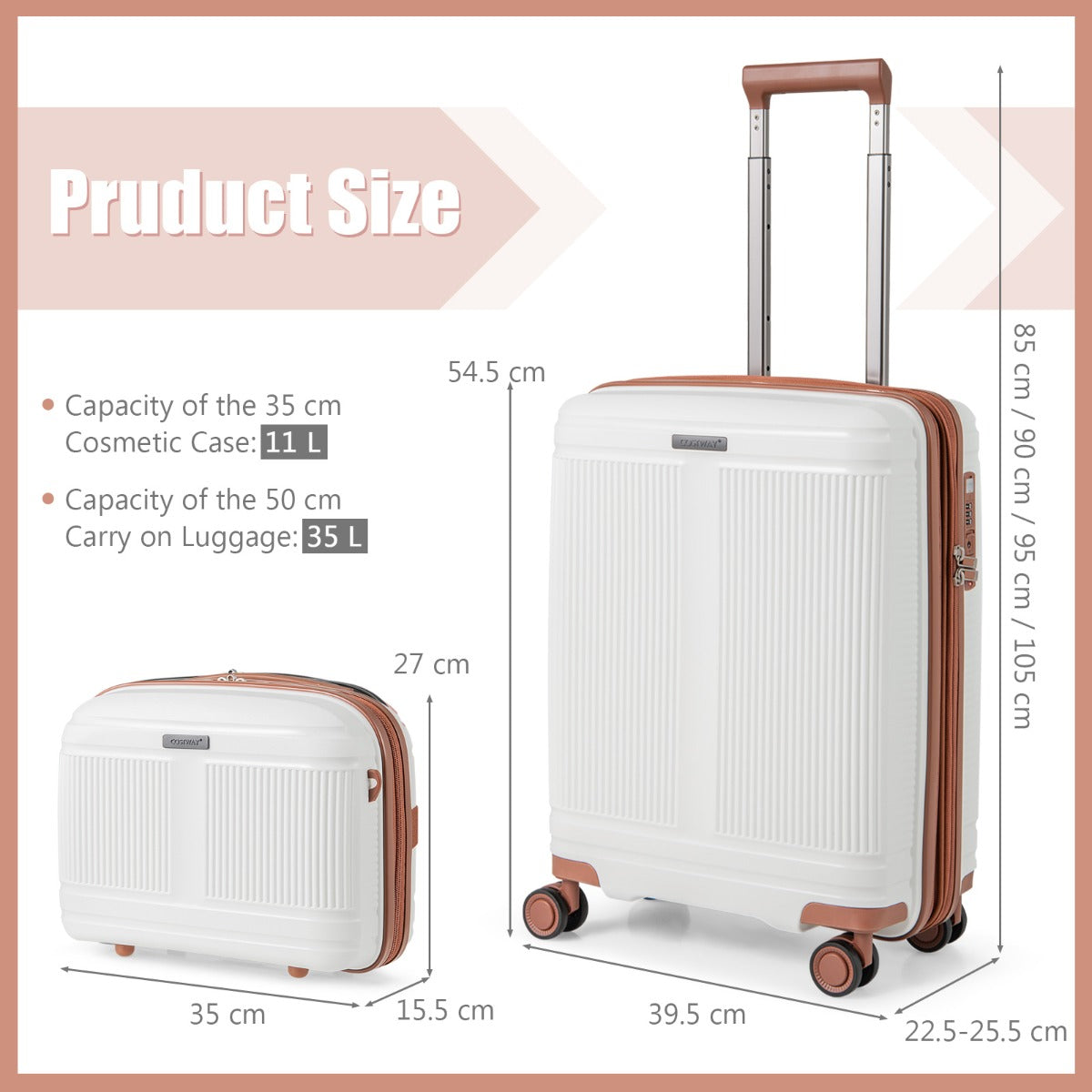 LIVSK 2-delige bagageset - Handbagagekoffer 20" met USB-aansluiting - Cosmetica koffer 14" - Harde schaal - Wit